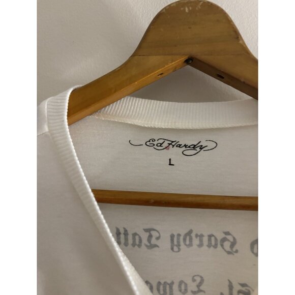 Ed Hardy Flame Skull Cropped Baby T-Shirt White Size Large 90s Sexy Tattoo - Picture 5 of 11